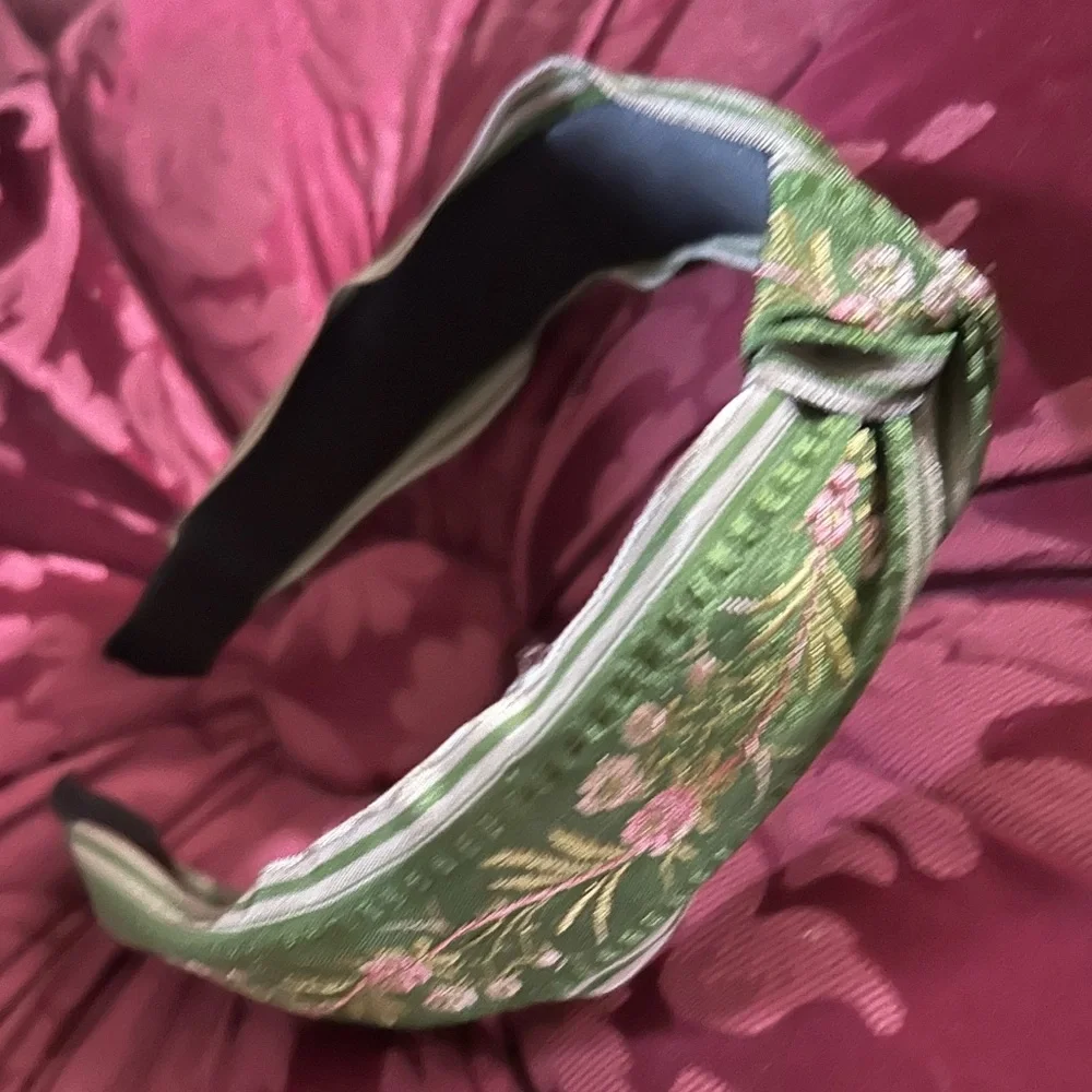 Green Floral Embroidered Twist Knot Headband